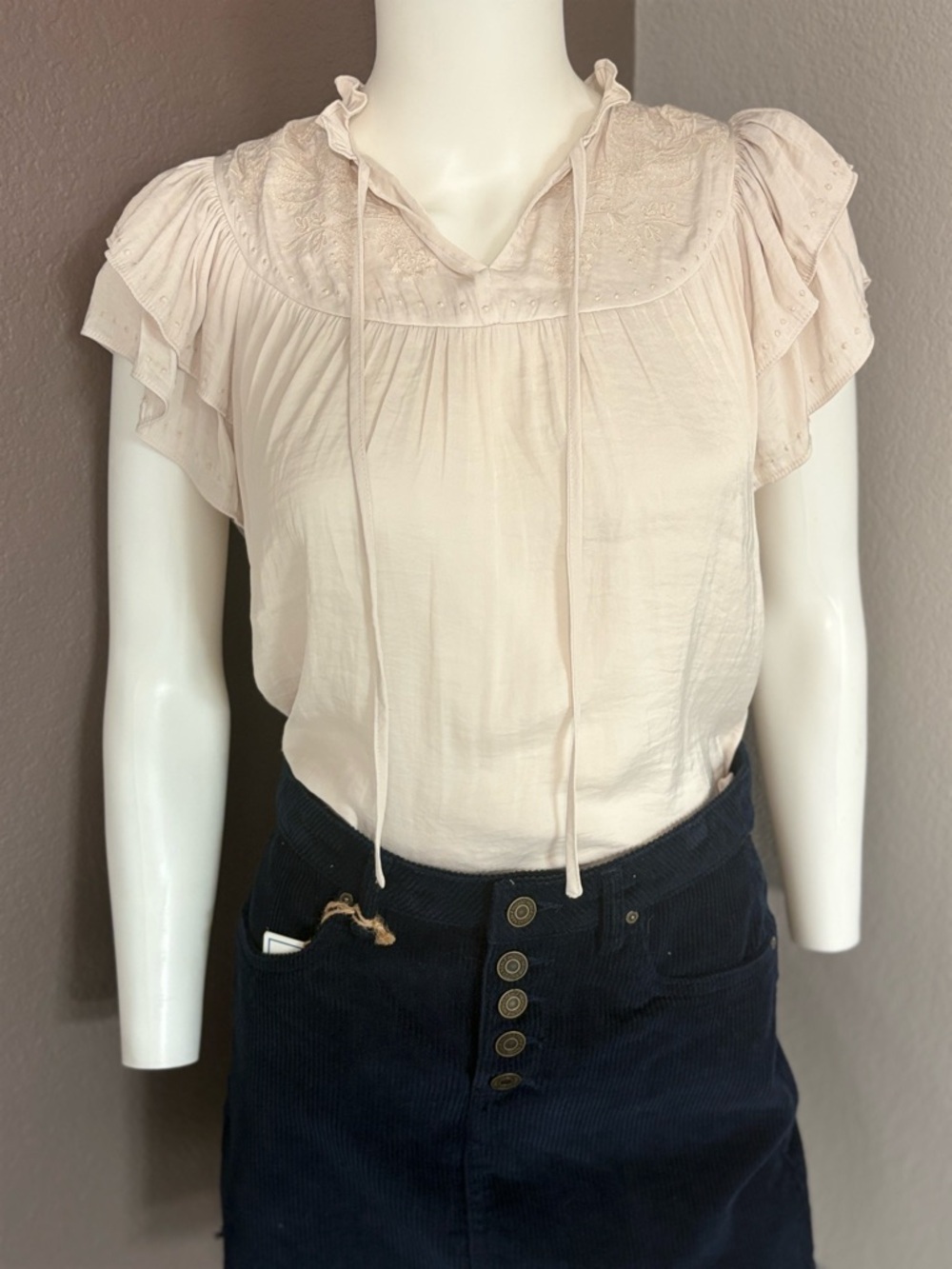 Rachel Zoe Blush Ruffled Sleeve Embroidered Tie-Neck Blouse
